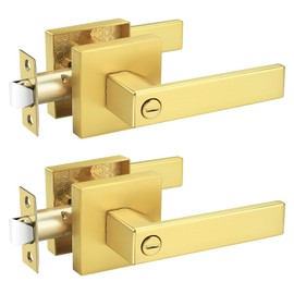 Probrico 2 Pack Gold Privacy Door Handles,Antique Brass Heavy Duty Bedroom and Bathroom Door Knobs with Lock,Square Interior Keyless Lockset Levers