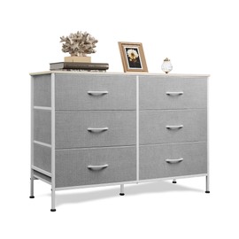 WLIVE 6 Drawer Dresser for Bedroom, Wide Fabric Dresser TV Stand for 50 Inches TV with Metal Frame, Wooden Top, Chest of Drawers, Storage Organizer for Living Room, Hallway, Light Grey