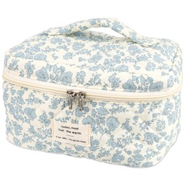 Linpr Large Makeup Bag for Women & Girls, Cute Cosmetic Organiser with Multiple Compartments, Spacious Travel Toiletry Pouch for Make Up Brushes, Skincare or Accessories (BlueWhite, L)