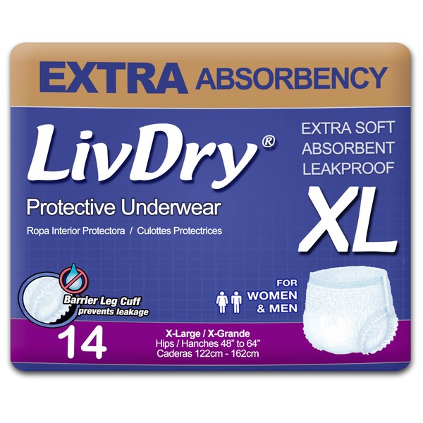 LivDry Adult XL Incontinence Underwear, Extra Absorbency Adult Diapers, Leak Protection, X-Large, 14-Pack