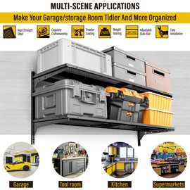 Aecxm 2 Tier 1.3x4ft Garage Shelving Wall Mounted, 400 lbs Load Capacity，15.6x48inch per Shelf Height Cassette Adjustable Floating Shelves, Black