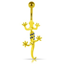 Gold Plated Dark Blue Gem Dancing Gecko Sterling Silver Belly Ring