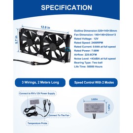 Uueego 5.5"(140mm) 12V RV Ventilation Cooling Fan for Fridge Vent and Grille, RV Fridge Ventilation Cooling Fan, IP65 Waterproof, Include Speed Controller