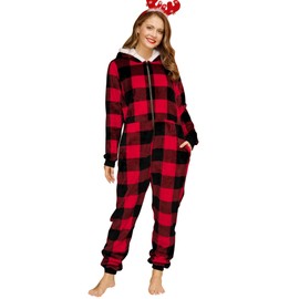 ALIREVERIE Women Christmas Adult Long Sleeve Red Black Buffalo Plaid Pajamas Plush Fleece Hooded Zip Up Onesies Plaid 10 Years