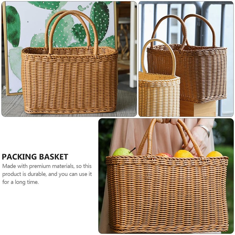 Sewroro Picnic Basket with Handles Handmade Plastic Woven Basket Multifunctional