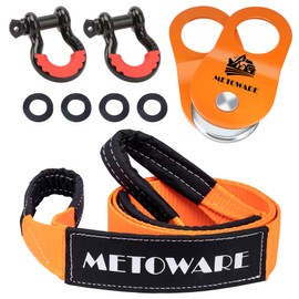 METOWARE Offroad Recovery Kit - 10 Ton Heavy Duty Winch Snatch Block Pulley, 3" x8' Tree Saver Strap and 2pk 3/4" D Ring Shackles