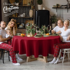 Biscaynebay Round Christmas Tablecloths 60" for Round Tables diameters from 28" to 48", Red Textured Fabric Water Resistant Folding Table Covers Washable for Dining, Kitchen, Wedding, Parties