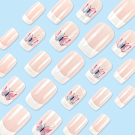 Short Press on Nails Acrylic Fake Nails with Pearl Design Butterfly Style Full Cover False Nails for Women Reusable Nail Kit with Nail Glue Adhesive Tabs Nail File