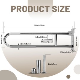 30.3 Inch Toilet Grab Bar, ROYSRHXB Brushed Nickel U Shaped Flip Up Safety Rails with Toilet Paper Holder, Heavy Duty Stainless Steel Grab Bar with Anti Slip Grip for Elderly Seniors