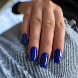 LY LANYOS Press On Nails Short on 24PCs，Stick on Nails Glue on Nails False Nails，Solid Dark Color Fake Nails Short Square Medium Shape, (Long Blue, Short)