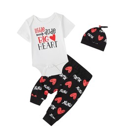 bakjuno Baby Boys Valentine's Day Outfit Sets Little Dude Big Heart Short Sleeve Romper Pants With Hat (Black, 6-9 Months)