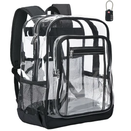 Vorspack Clear Backpack with TSA Lock, 17 inch Large Bookbag | Heavy Duty Transparent Backpacks for Girls Boys, Reinforced Straps, Padded Bottom, Fit 15.6'' Laptop, Clear Bag for School