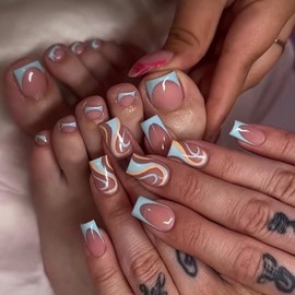 Press on Nails Medium Square & Press on Toenails Set, Blue French Tip Fake Nails Swirl False Nails Square Press on Toe Nails Glossy Stick on Nails Acrylic Nails Glue on Nails for Women Manicure 48Pcs