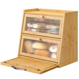 viewcare Large Bread Box for Kitchen Counter With Cutting Board, 2-Tier Bread Box, Bamboo Wood Large Capacity Bread Storage Bin with Acrylic Wavy Door Panel