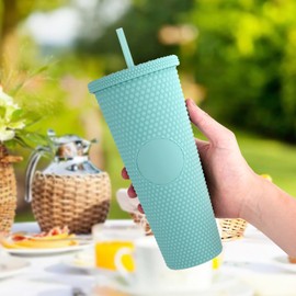 Joymaking Studded Tumbler with Straw and Lid, Double Walled Cold Cup, 24oz Studded Cup Plastic Cup Glitter Water Bottle Cups for Iced Coffee, Slush and Smoothies（Matte Mint Green）