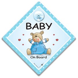 Baby an Bord Autoschild mit blauem Teddy, 14 x 14 cm, Saugnapf, Autoschild