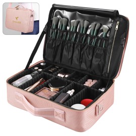 Emanddi - Makeup Bag | Waterproof Travel Cosmetic Organizer with Adjustable Dividers | Portable Beauty Case for Brushes, Toiletries & Accessories (Pink, Large)