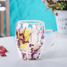 Gifts for Women Aesthetic Dried Flowers Double Wall Glass Coffee Mugs Tea Cups with Handles and Insulated Layer,for Women Best Friend Teacher Mum Christmas Birthday Gifts (Purple)