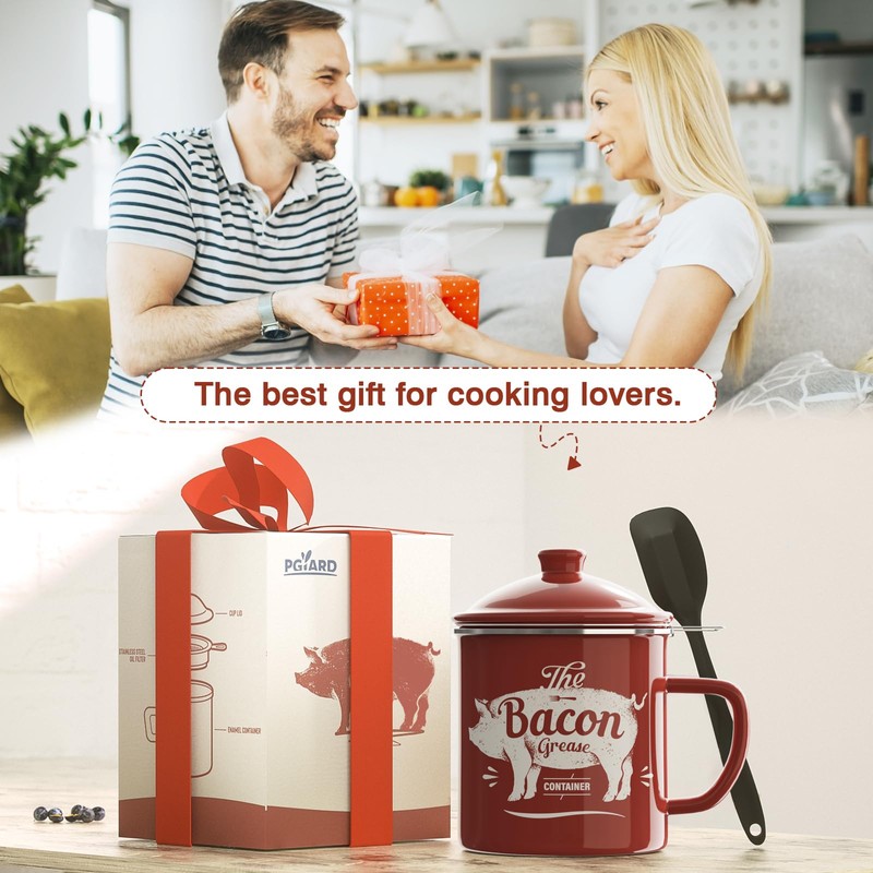 Bacon Grease Container With Strainer, 46OZ Large Enamel Grease Container,