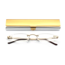 EYE ZOOM 4 Pack Metal Rimless Reading Glasses with Spring Hinge Light Slim Case for Men Women (Multi-color,+3.50)