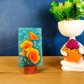 Bolla Glass Art - California Poppy Ornament Desk, Fused Glass with Wood Stand, 2.45x4.35 inches, Office or Shelf Decoration