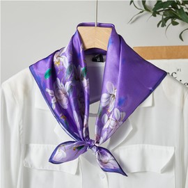 WUZININGLE 100% Mulberry Silk Neck Scarf 21"x21" Silk Head Scarf for Women, Small Square Bandana, Lightweight Neckerchie,Purple Scarf(Floral)