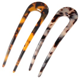 French Hair Forks Tortoise Shell French Hair Pins For Buns,5 Inch Cellulose Acetate U Shape Chignon Pin 2 Prong Hair Stick,2 Pack