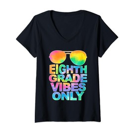 Womens Eighth Grade Vibes Only Sunglasses Back To School Tie Dye V-Neck T-Shirt