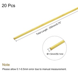 sourcing map Brass Rod,Brass Solid Round Rod 1.5mm/0.06inch Diameter 250mm Length Lathe Bar Stock for RC Model DIY Craft Pack of 20