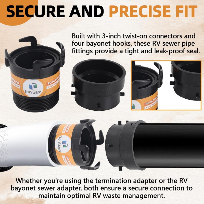 TonGass RV Sewer Pipe Adapter 3" Rotating Rigid Bayonet Adapter