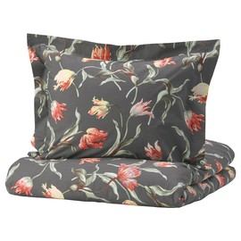 IK EA 2-Piece Bed Linen Set, 140 x 200 cm, Grey with Floral Pattern, Pillowcase 80 x 80 cm with Envelope Closure, Duvet Cover with Buttons, Easy-Care Natural Material, Breathable, Cotton and Lyocell,