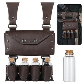 Medieval Alchemy Faux Leather Belt Bag with 4 Cork Portion Vials, Fantasy Wizard Fanny Pack, Viking Waist Bag Renaissance Side Pack for Ren Faire Accessories, Brown, Fantasy