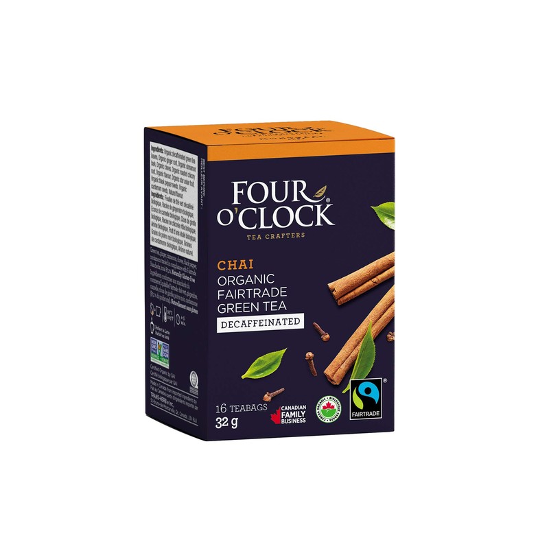 Four O'Clock Organic Fairtrade Chai Green Tea Decaffeinated, Non-Gmo, Kosher,