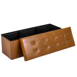 LITZFUR 43 Inches Folding Storage Ottoman Bench, PU Leather Storage Chest, Footrest Padded Seat for Bedroom and Hallway, Holds up to 660 lbs, Light Brown