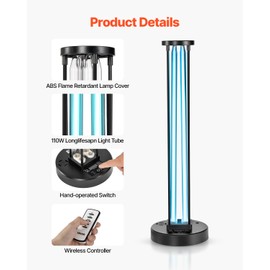 VEVOR UV Light, 110W Ultraviolet Lamp with Ozone Purifier, UVC Lamp with 30/60/120 Minutes 3-Gear Timer and Remote Control, for Room up to 600 sqft, UVO Lights for Living Room, Bedroom, Hotel, School