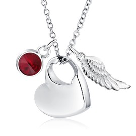 KnSam Stainless Steel Urn Pendant Necklace with Birthstone Crystal Pendant Angel Wings Ash Pendant Heart Memorial Chain Silver, Stainless Steel, Cubic Zirconia