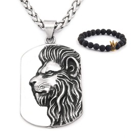 Gungneer Lion Dog Tag Necklace Pendant Stainless Steel Keel Chain King Jewelry Strength Talisman for Men Women