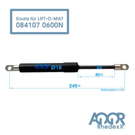 RhedexX® Gas Strut 245 mm/80 mm/600N - Gas Pressure Damper Replacement for Lift-O-MAT 084107 0600N Gas Spring with M6 Eye Mount Liftomat (245/80/600N - 084107)