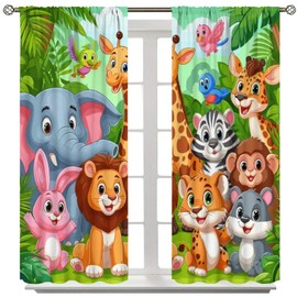 Kids Forest Animal Curtains, Cartoon Watercolor Forest Plant Lion Elephant Bird Rabbit Wildlife Window Treatments Drapes for Nursery Toddler Room Baby Bedroom 42x45in（No Blackout）