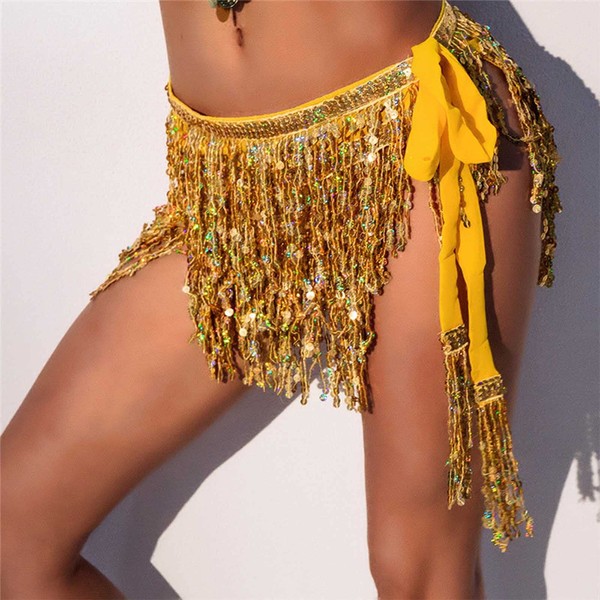 Yienate Women Sexy Belly Dance Costume Sequin Fringe Hip Skirt Tassel Scarf Wrap Rave Costume, Gold