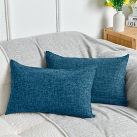DWCN Linen Texture Scandinavian Stylish Solid Color Soft Touch Sofa Back Decorative Pillow Cover Four Seasons Set of 2 (Dark Blue, 11.8 x 19.7 inches (30 x 50 cm)