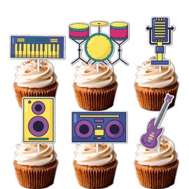 Dessert Cupcake Topper Music Rock Roll Drum Guitar Radio Theme Decor Supplies Boys Girls Happy Birthday Party Decorations set 18pcs Glitter