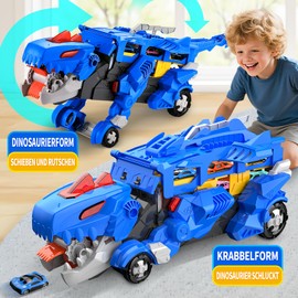 Dinosaur Transport Truck Toy Cars for Boys Aged 3, 4, 5, 6 Years, Transporter for Swallowing with 114 cm Foldable Race Track and 6 Mini Car, Vehicle Sets Gift for Boys Girls