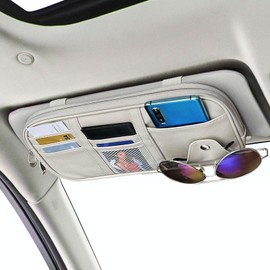 Da by Car Sun Visor Organier Truck SUV Sun Visor Storage Pocket PU Leather Pouch Holder with Multi-Pocket Double Zipper Net Pocket, for Cards Pens Sunglasses Document Newest (Cream Grey)