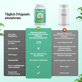 NaturElan Magnesium Glycinate High Dose Capsules - 270 Vegan Capsules, 770 mg Magnesium Glycinate per Capsule, of which 100 mg Elementary Magnesium, Laboratory Tested, Produced in Germany