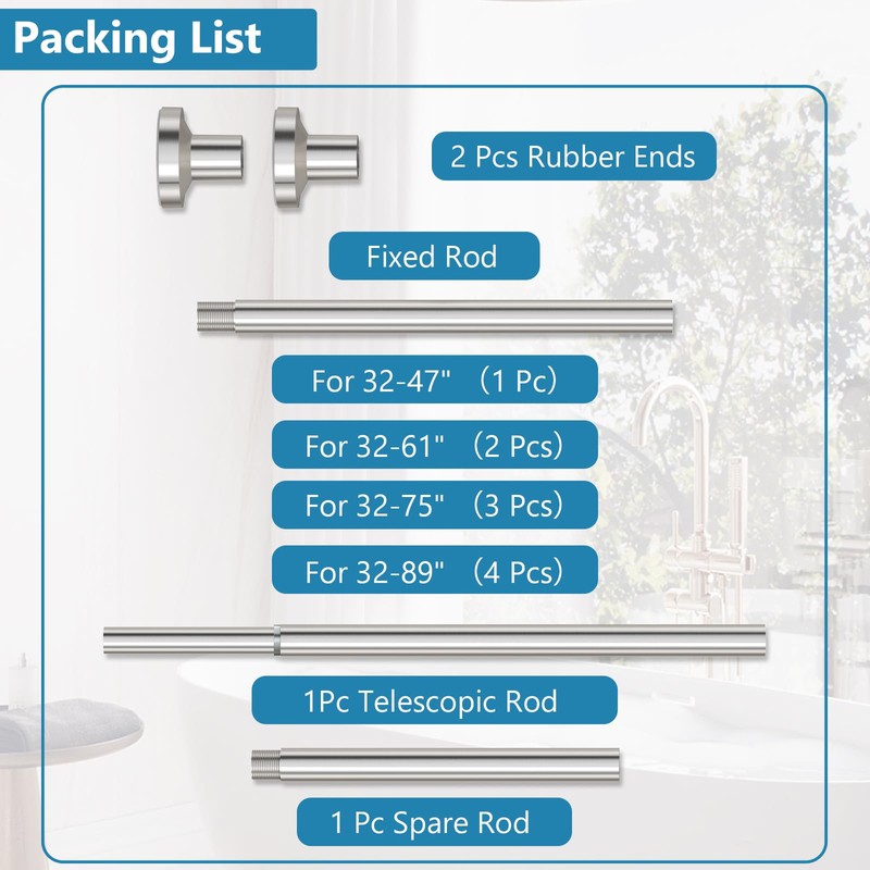 Bonpally Shower Curtain Rod 32-75 Inches Adjustable, Non-Slip Spring Tension