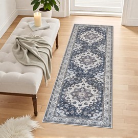 Hallway 2x6 Washable Runner Rug: Vintage Low Pile Blue Rugs for Kitchen Bedroom Oriental Stain Resistant Bathroom Carpet Accent Floor Mat with Non-Slip Backing for Laundry Home Office (2x6,Blue)