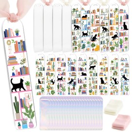 Dazoratix Cat Acrylic Bookmark Blanks - 60 Pcs Black Cats Book Lovers Bookmark Making Kit Colorful UV DTF Stickers Declas Marker Ribbon for Gift Women Girl Kids Reading Page Tags DIY Craft Projects