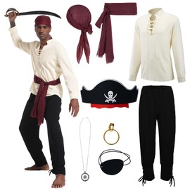 Gumyawl Mens Pirate Costume Adult Medieval Shirt Viking Ankle Banded Pants with Compass Necklace 5 Pcs Pirate Accessories Set (Large)