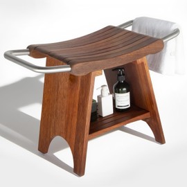 Teak Shower Bench with Stainless Steel Handles, 24” Waterproof Teak Shower Stool with Storage Shelf for Seniors & Disabled, Indoor and Outdoor Use, Easy Assembly